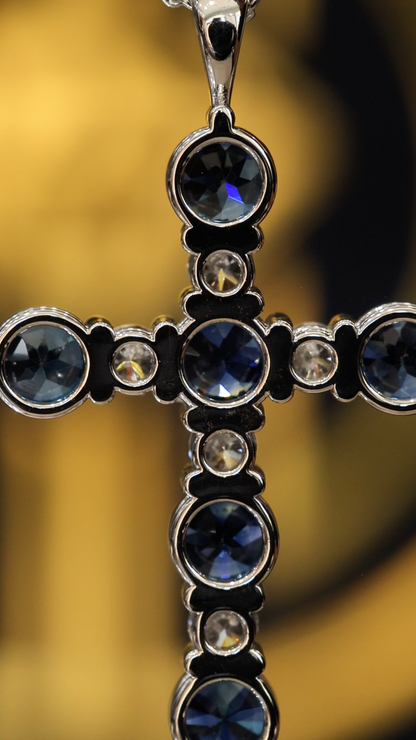 Natural Sapphire & Diamond Cross Pendant Necklace in 14K White Gold | Alternating Round Gemstone Design