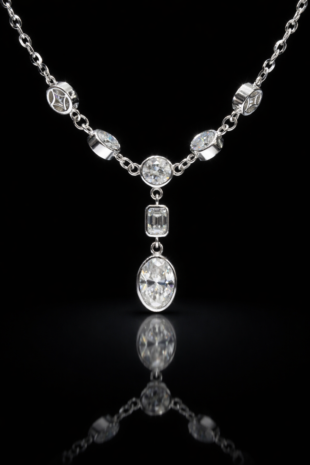 Natural Diamond Station Drop Necklace in White Gold | Bezel Set Mixed Cut
