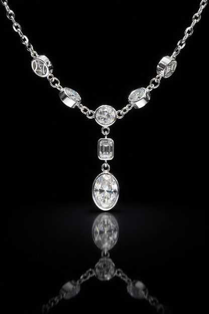 Natural Diamond Station Drop Necklace in White Gold | Bezel Set Mixed Cut