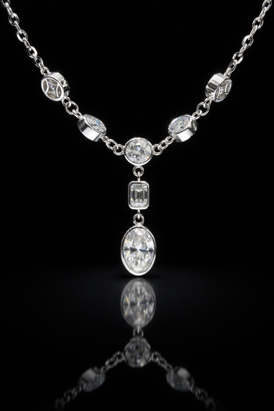 Natural Diamond Station Drop Necklace in White Gold | Bezel Set Mixed Cut