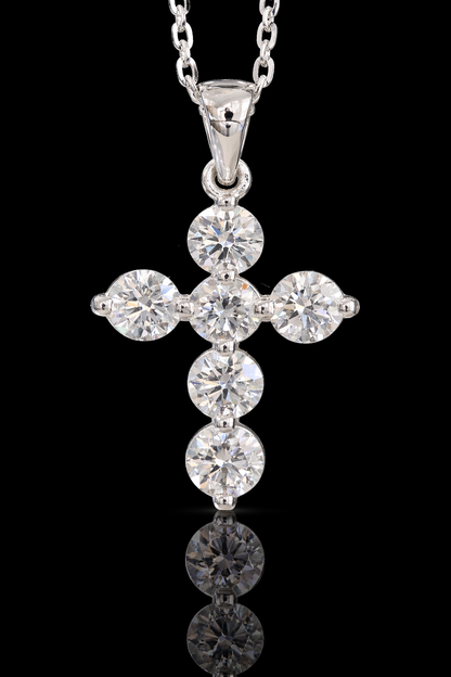 Natural Round Brilliant Diamond Cross Necklace in 14K White Gold | Classic Prong Set Design