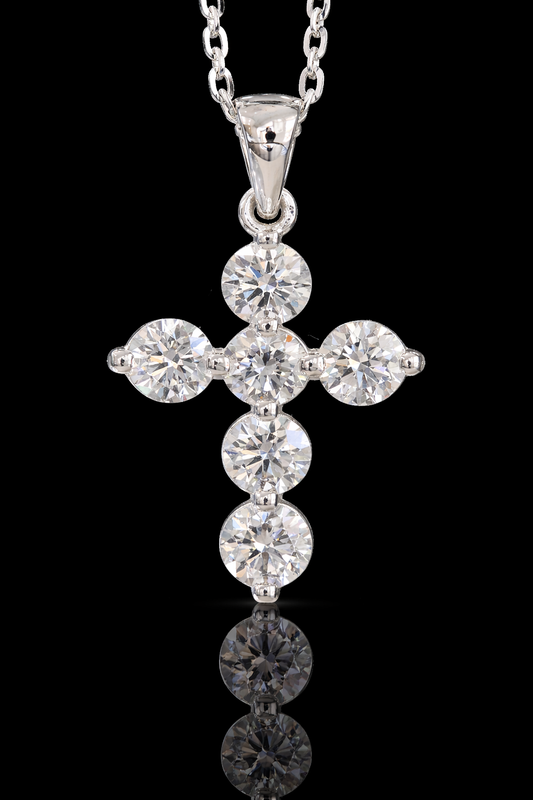 Natural Round Brilliant Diamond Cross Necklace in 14K White Gold | Classic Prong Set Design