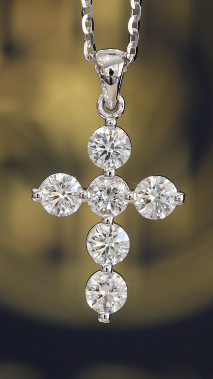 Natural Round Brilliant Diamond Cross Necklace in 14K White Gold | Classic Prong Set Design