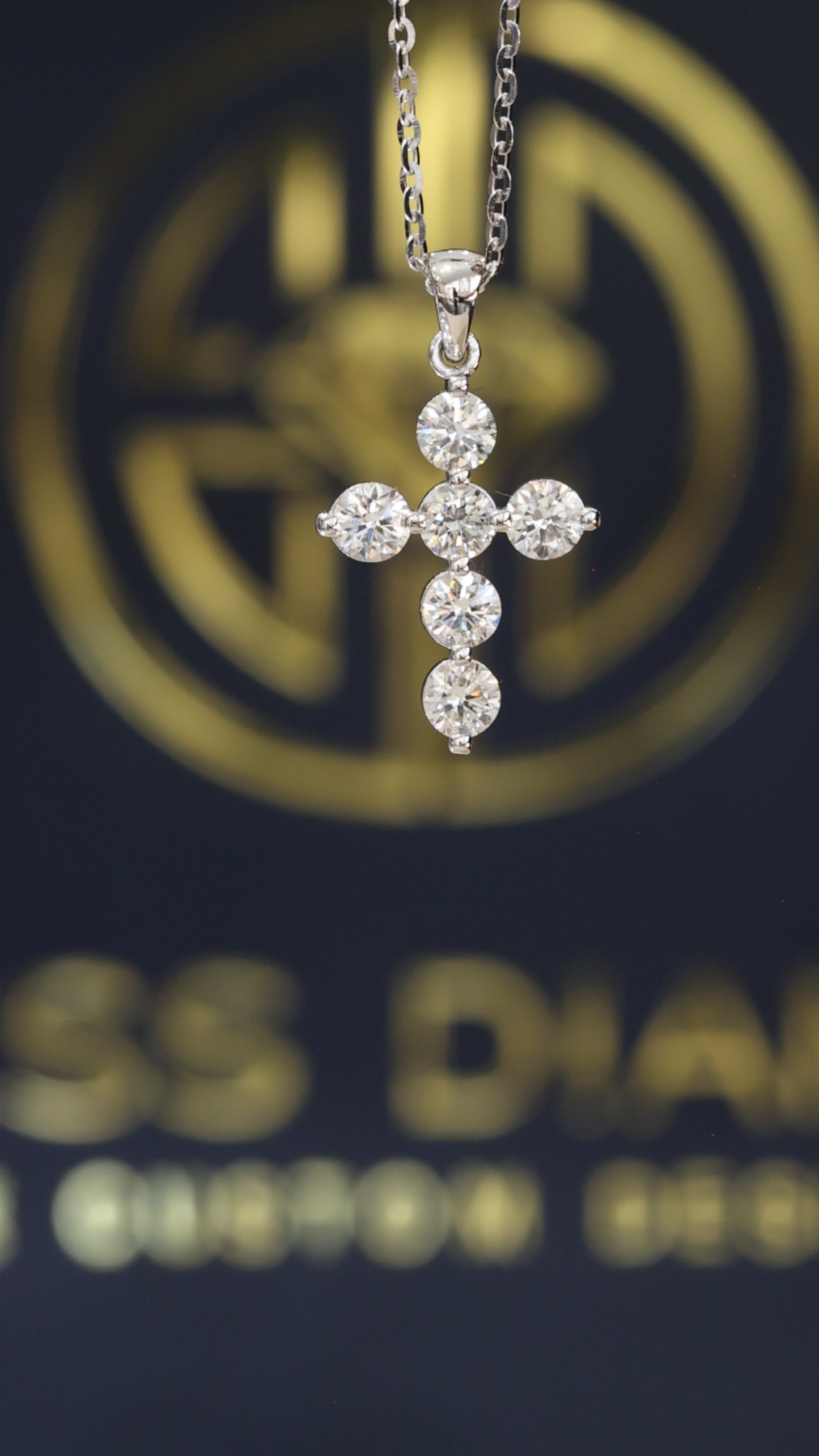 Natural Round Brilliant Diamond Cross Necklace in 14K White Gold | Classic Prong Set Design