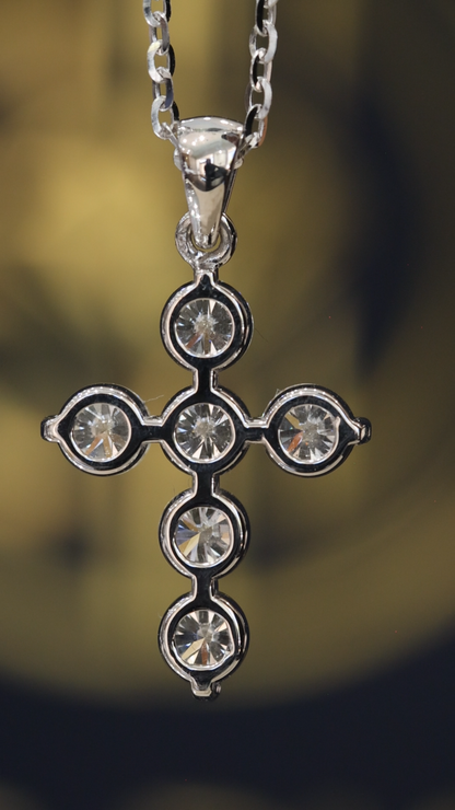 Natural Round Brilliant Diamond Cross Necklace in 14K White Gold | Classic Prong Set Design