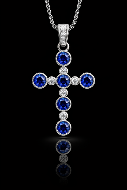 Natural Sapphire & Diamond Cross Necklace in White Gold | Milgrain Bezel Design