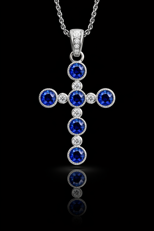 Natural Sapphire & Diamond Cross Necklace in White Gold | Milgrain Bezel Design