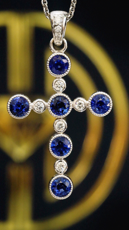 Natural Sapphire & Diamond Cross Necklace in White Gold | Milgrain Bezel Design
