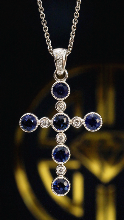 Natural Sapphire & Diamond Cross Necklace in White Gold | Milgrain Bezel Design