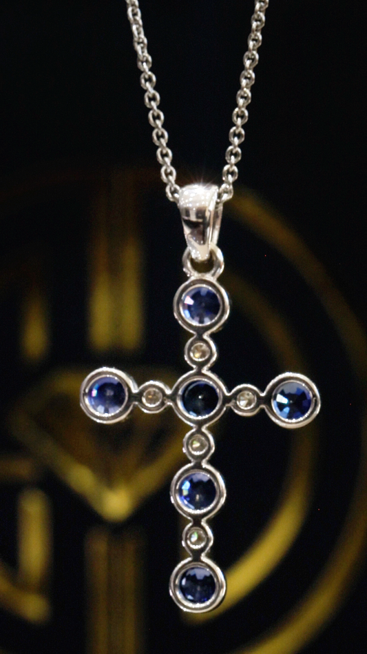 Natural Sapphire & Diamond Cross Necklace in White Gold | Milgrain Bezel Design