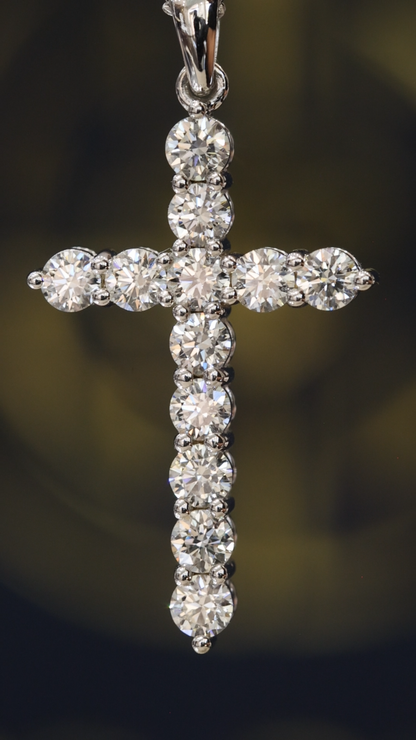 Natural Diamond Cross Pendant Necklace in 14K White Gold | Classic Prong Setting