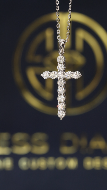 Natural Diamond Cross Pendant Necklace in 14K White Gold | Classic Prong Setting