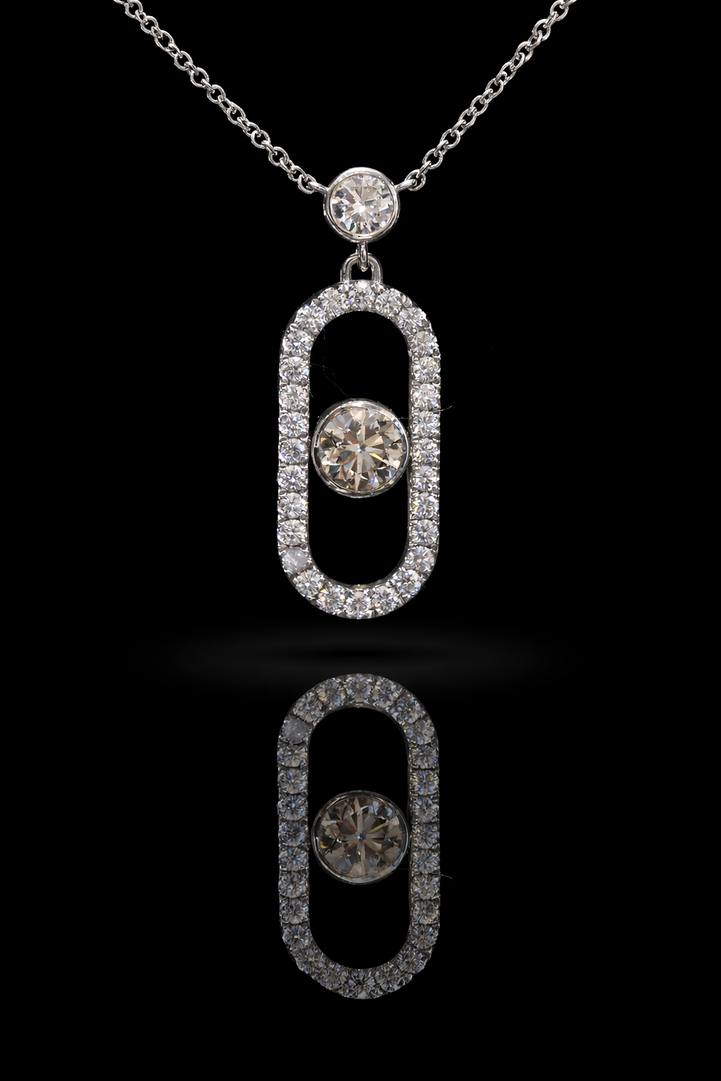 Natural Diamond Floating Oval Link Necklace in White Gold | Modern Halo Drop Design