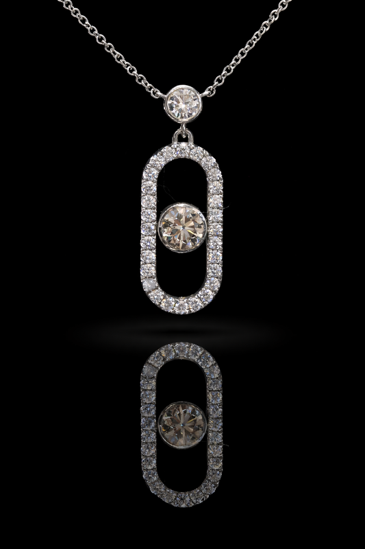 Natural Diamond Floating Oval Link Necklace in White Gold | Modern Halo Drop Design