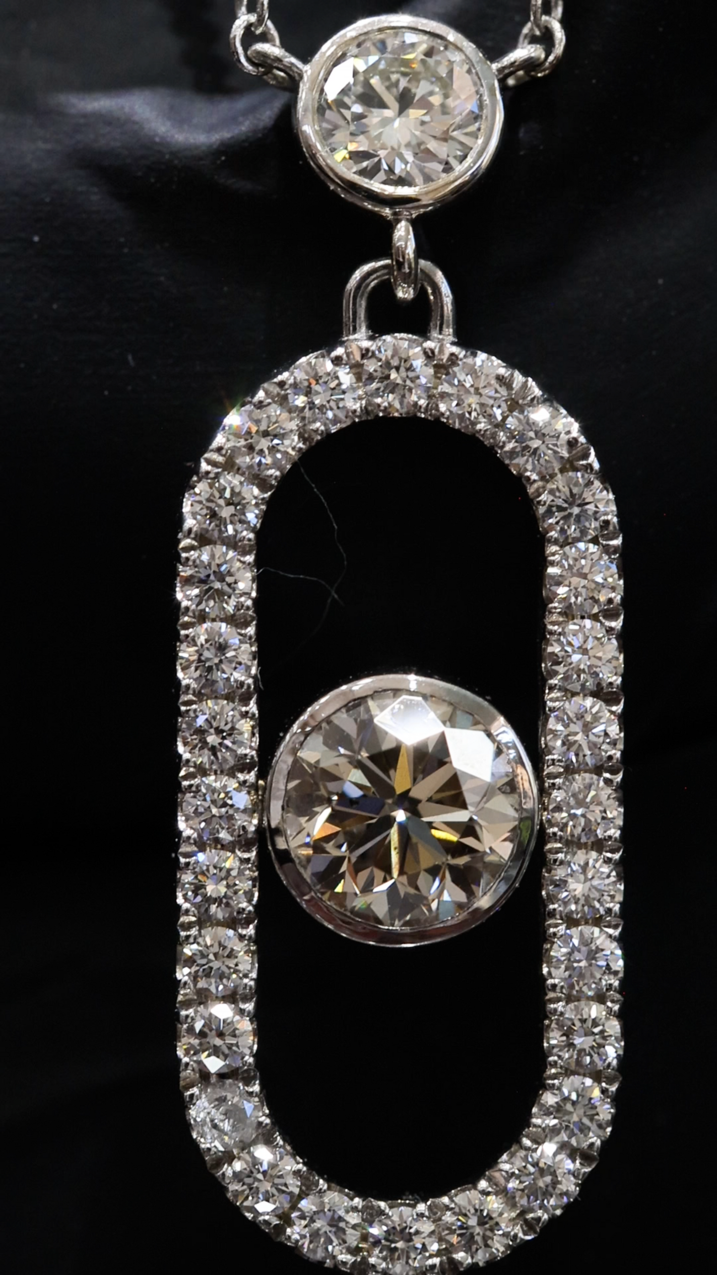 Natural Diamond Floating Oval Link Necklace in White Gold | Modern Halo Drop Design