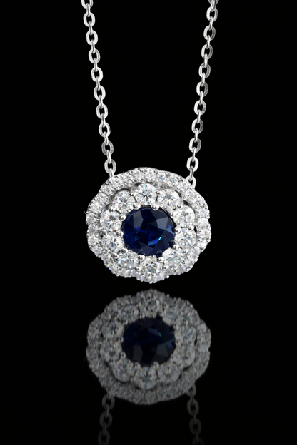 Natural Round Sapphire & Diamond Halo Pendant Necklace in 14K White Gold | Classic Double Halo Design