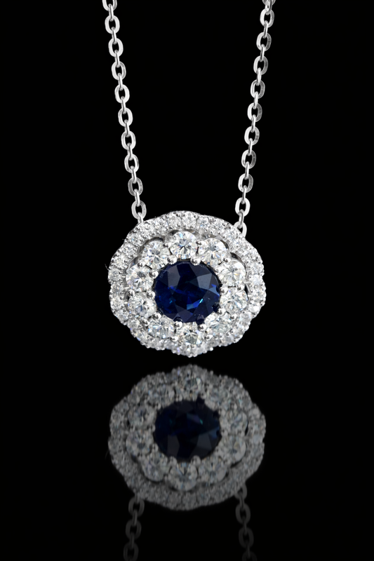 Natural Round Sapphire & Diamond Halo Pendant Necklace in 14K White Gold | Classic Double Halo Design