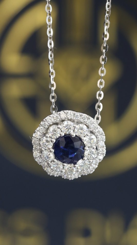 Natural Round Sapphire & Diamond Halo Pendant Necklace in 14K White Gold | Classic Double Halo Design