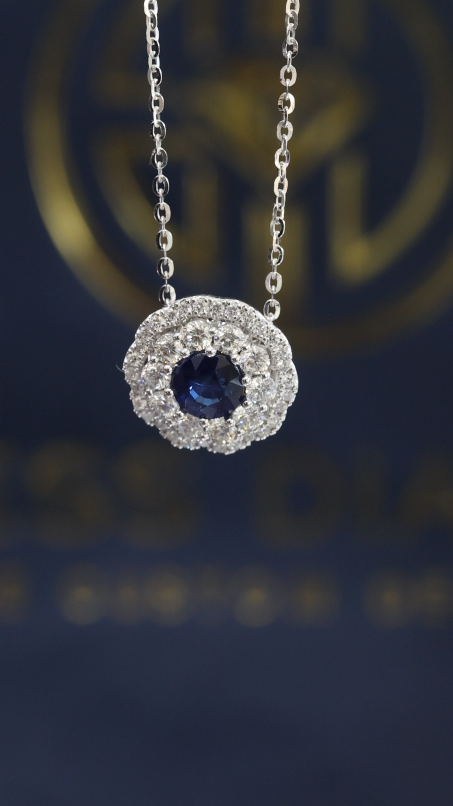 Natural Round Sapphire & Diamond Halo Pendant Necklace in 14K White Gold | Classic Double Halo Design