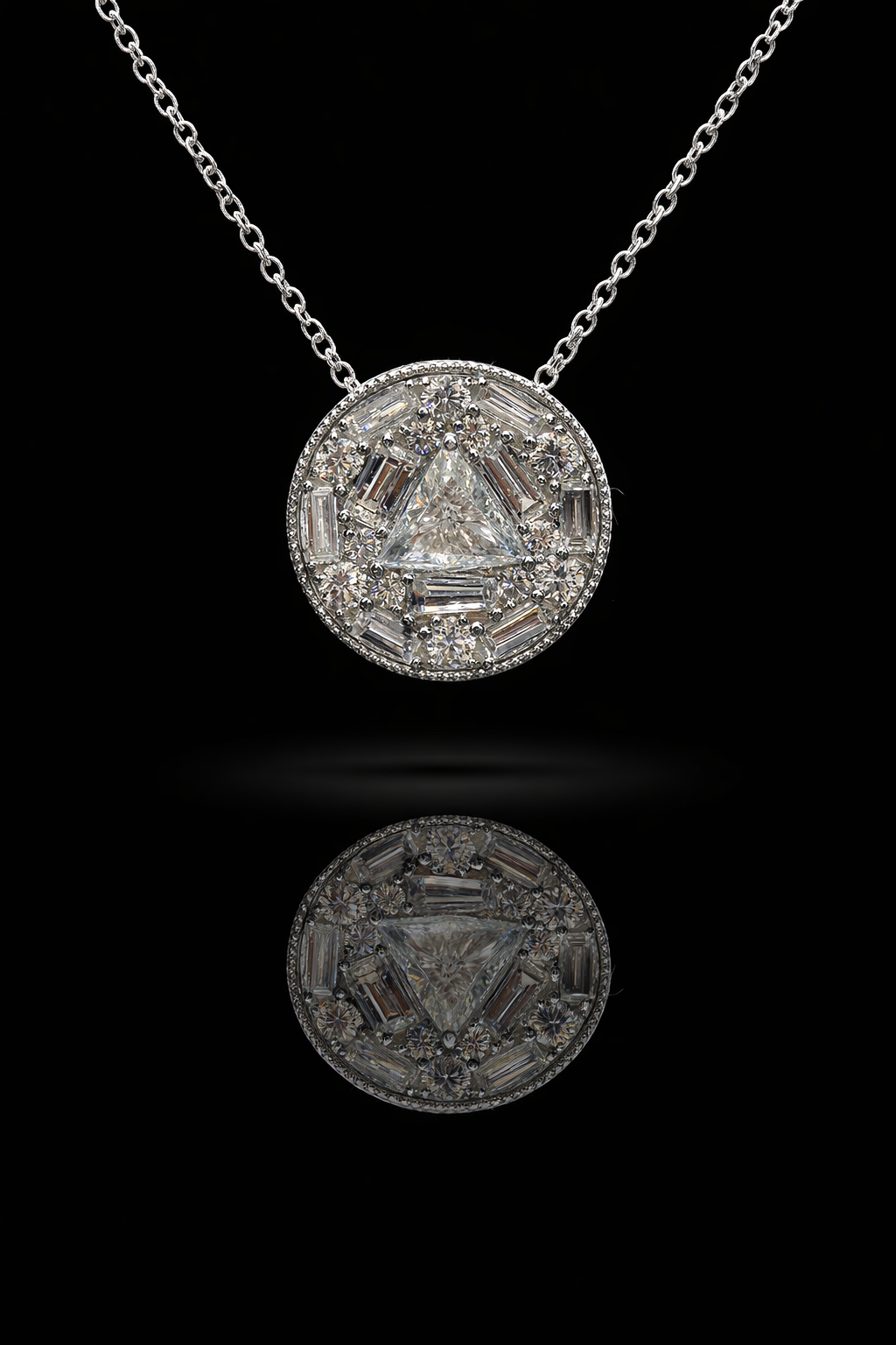 Natural Diamond Geometric Halo Necklace in White Gold | Modern Triangle Design
