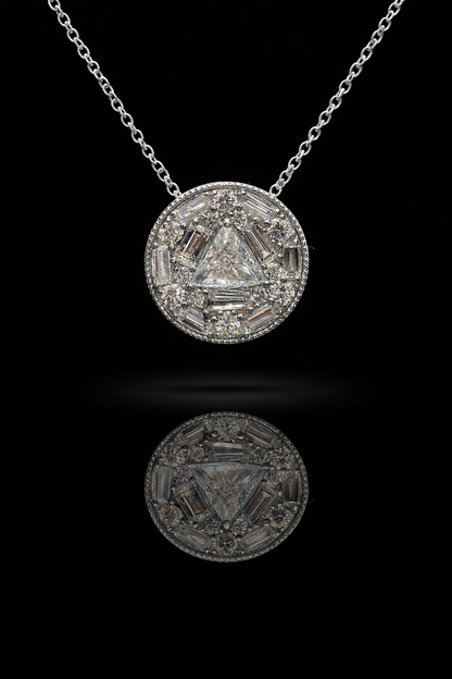 Natural Diamond Geometric Halo Necklace in White Gold | Modern Triangle Design