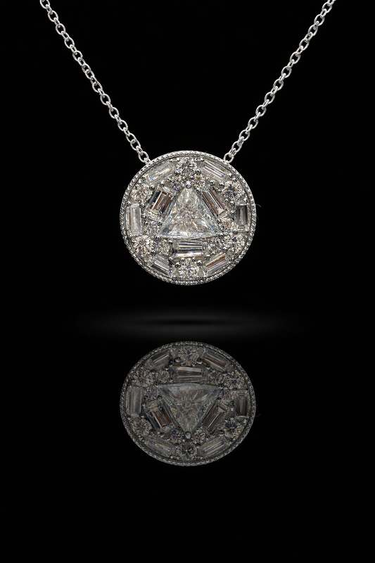 Natural Diamond Geometric Halo Necklace in White Gold | Modern Triangle Design