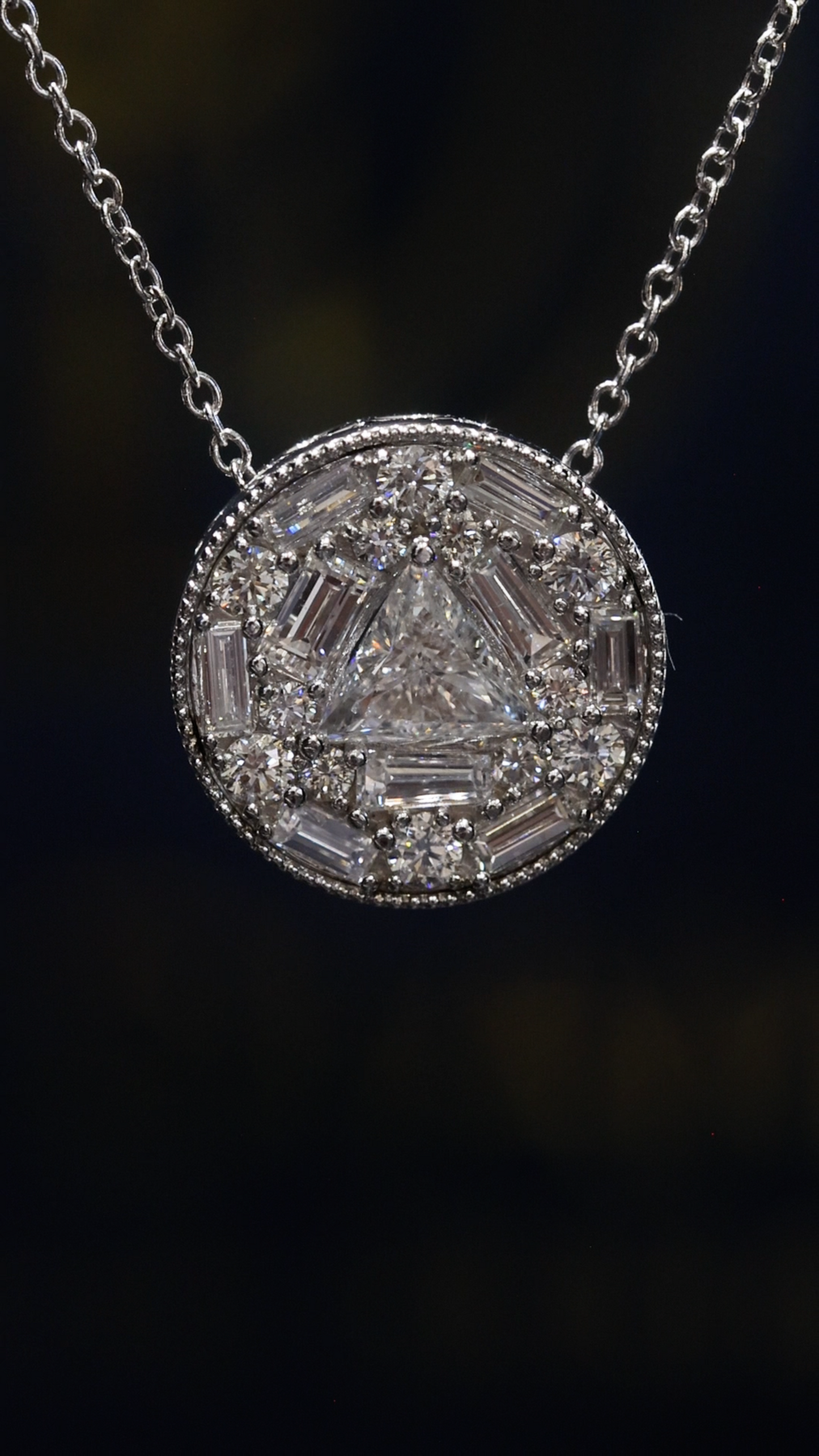 Natural Diamond Geometric Halo Necklace in White Gold | Modern Triangle Design