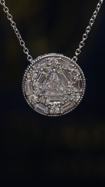 Natural Diamond Geometric Halo Necklace in White Gold | Modern Triangle Design
