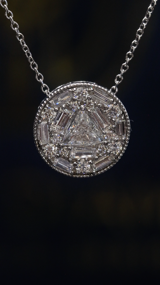 Natural Diamond Geometric Halo Necklace in White Gold | Modern Triangle Design