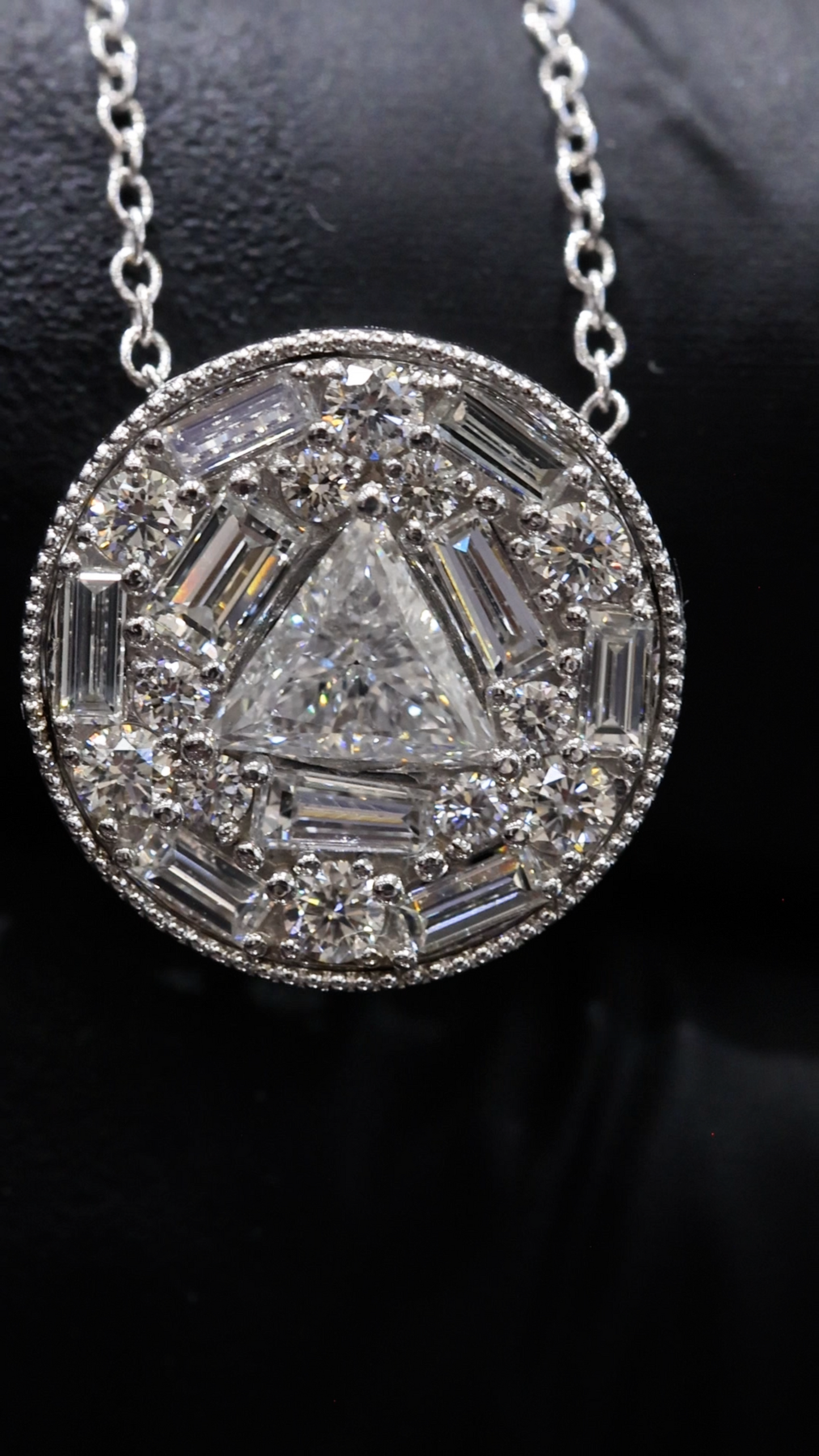 Natural Diamond Geometric Halo Necklace in White Gold | Modern Triangle Design