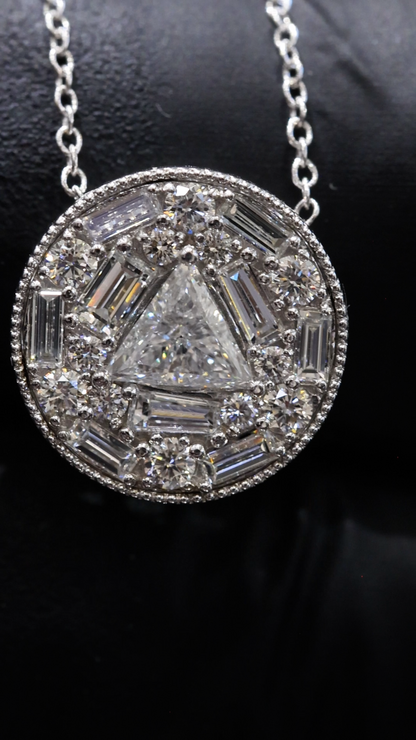 Natural Diamond Geometric Halo Necklace in White Gold | Modern Triangle Design