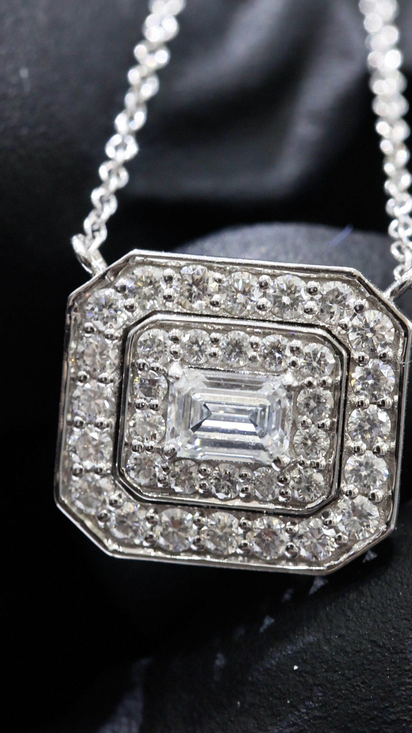 Natural Emerald-Cut Diamond Halo Necklace in White Gold | Double Frame Design