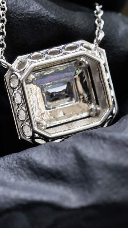 Natural Emerald-Cut Diamond Halo Necklace in White Gold | Double Frame Design