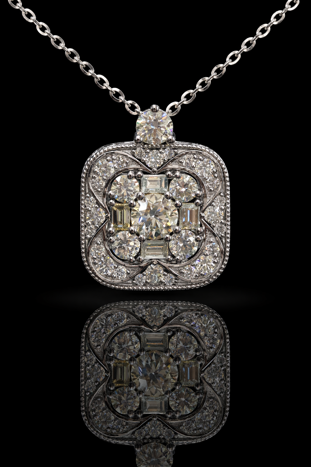 Natural Diamond Floral Square Halo Pendant Necklace in White Gold | Open Gallery Back