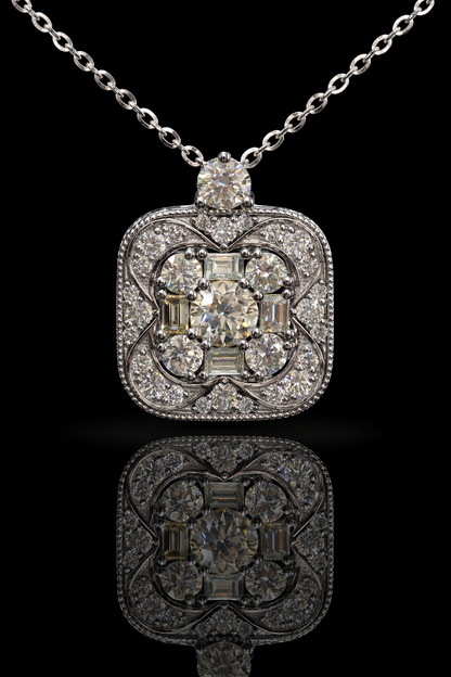 Natural Diamond Floral Square Halo Pendant Necklace in White Gold | Open Gallery Back