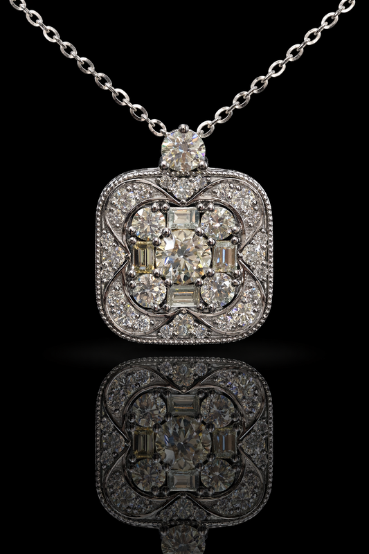 Natural Diamond Floral Square Halo Pendant Necklace in White Gold | Open Gallery Back