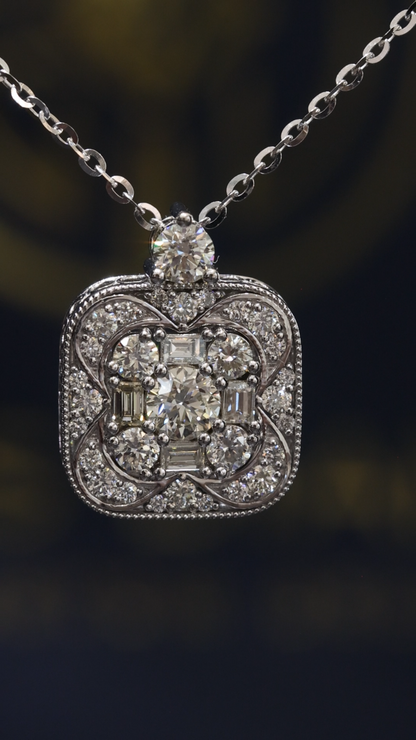 Natural Diamond Floral Square Halo Pendant Necklace in White Gold | Open Gallery Back