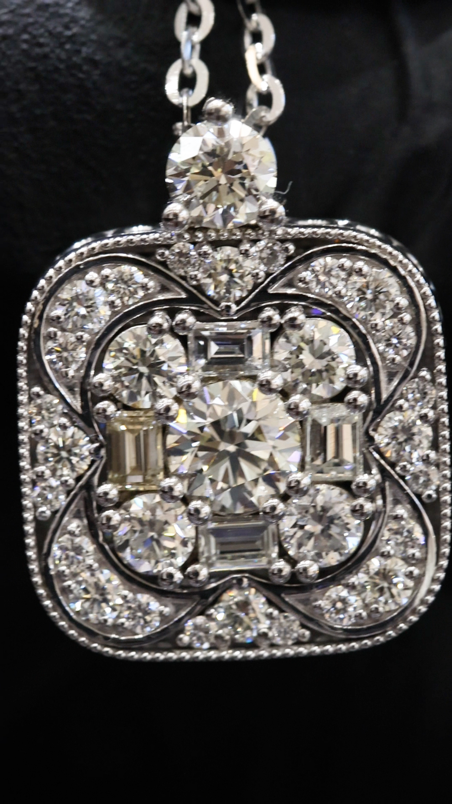 Natural Diamond Floral Square Halo Pendant Necklace in White Gold | Open Gallery Back