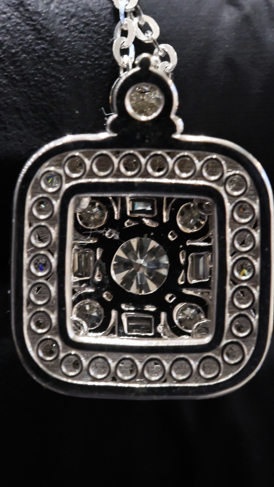Natural Diamond Floral Square Halo Pendant Necklace in White Gold | Open Gallery Back