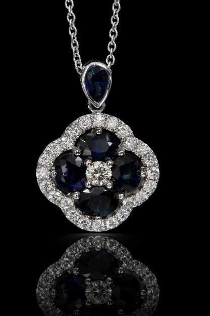 Natural Blue Sapphire & Diamond Floral Cluster Pendant Necklace in 14K White Gold | Vintage Halo Design