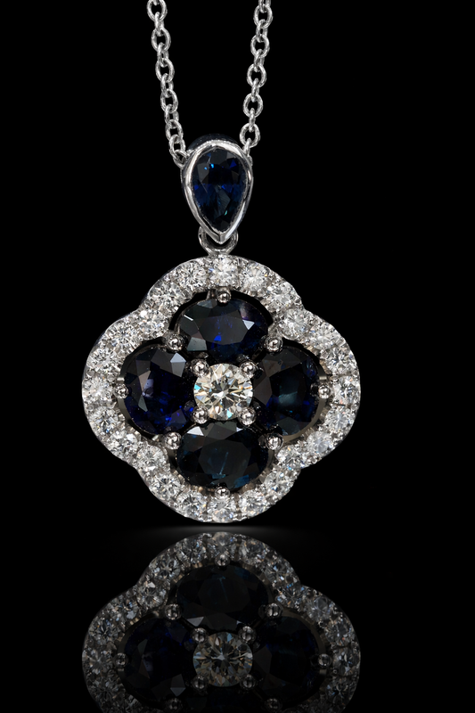 Natural Blue Sapphire & Diamond Floral Cluster Pendant Necklace in 14K White Gold | Vintage Halo Design
