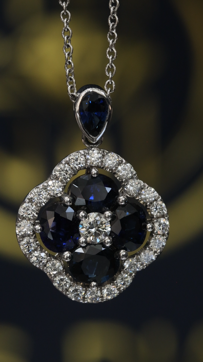 Natural Blue Sapphire & Diamond Floral Cluster Pendant Necklace in 14K White Gold | Vintage Halo Design