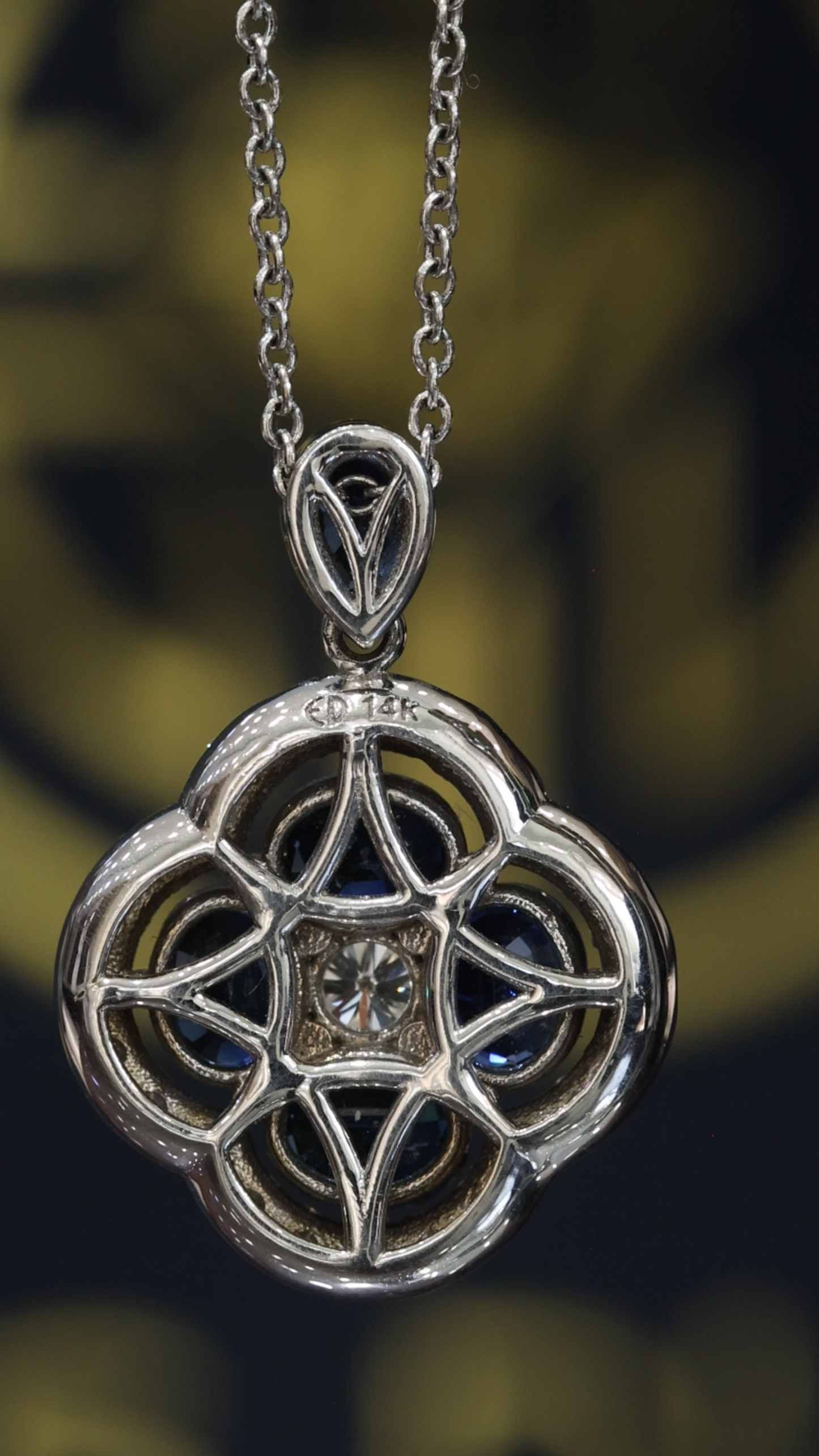 Natural Blue Sapphire & Diamond Floral Cluster Pendant Necklace in 14K White Gold | Vintage Halo Design
