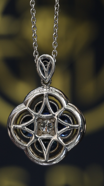 Natural Blue Sapphire & Diamond Floral Cluster Pendant Necklace in 14K White Gold | Vintage Halo Design