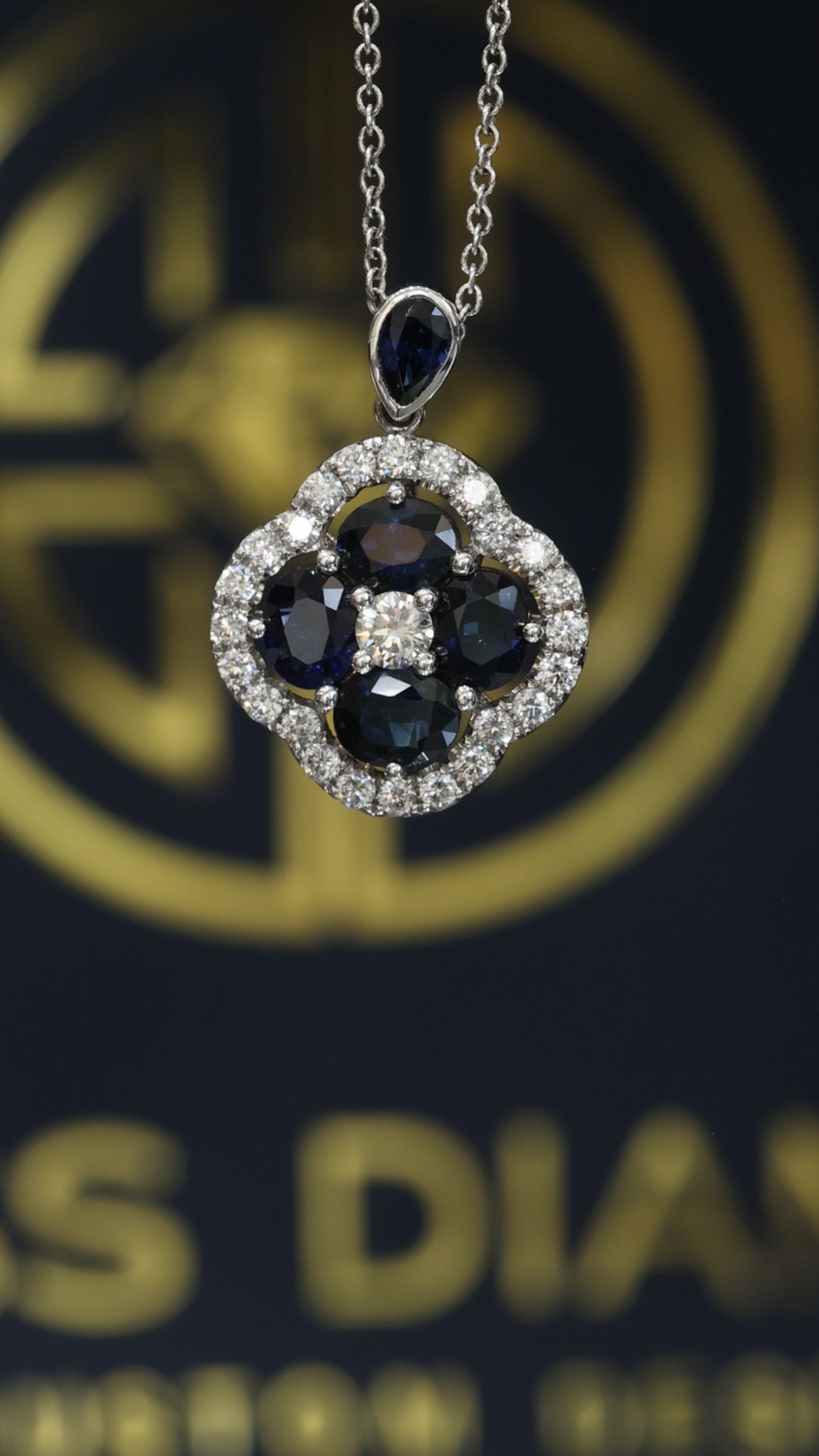 Natural Blue Sapphire & Diamond Floral Cluster Pendant Necklace in 14K White Gold | Vintage Halo Design