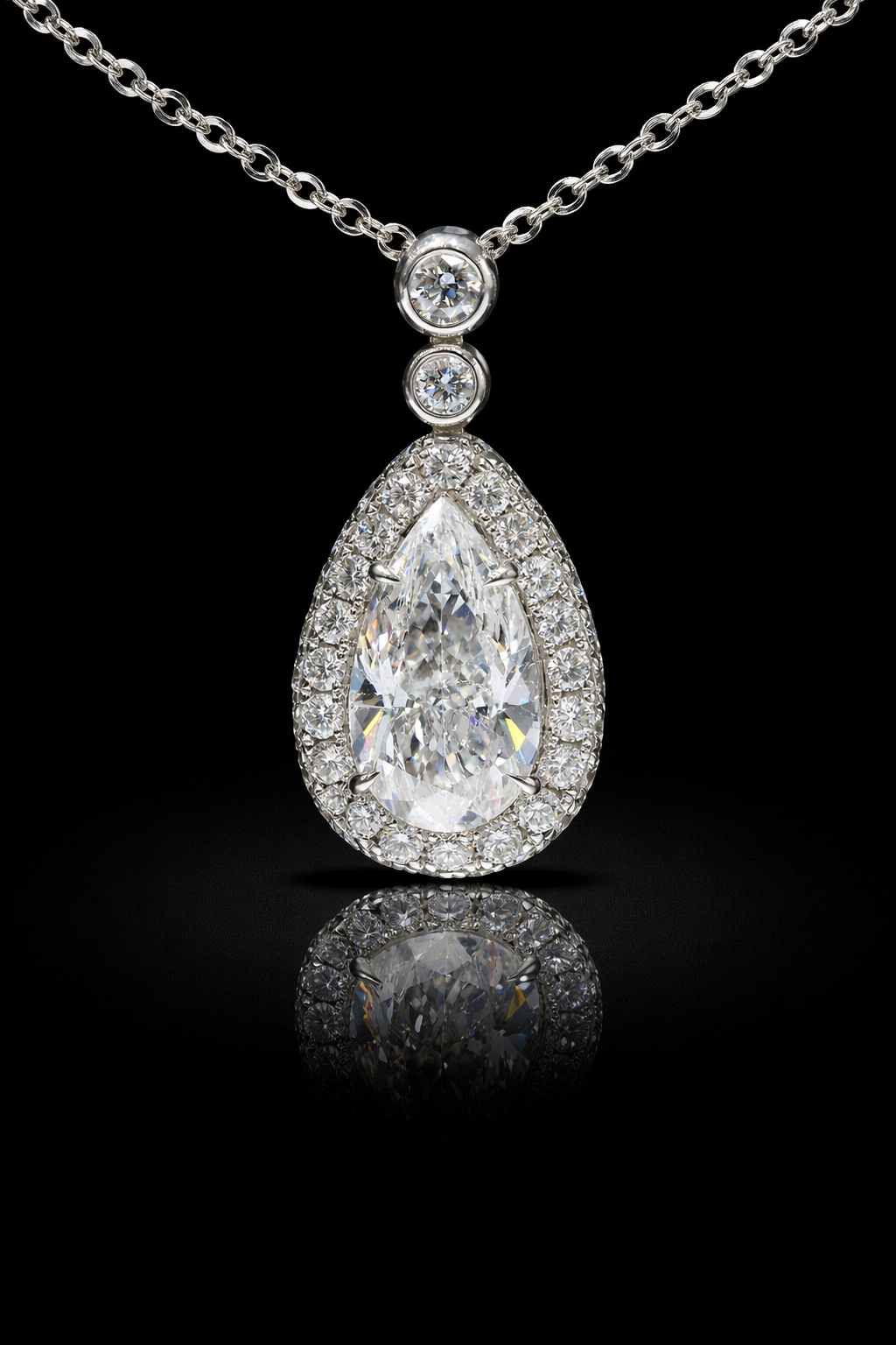 Natural Pear-Cut Diamond Halo Drop Necklace in White Gold | Bezel & Pavé Design