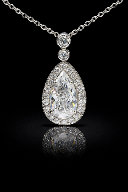 Natural Pear-Cut Diamond Halo Drop Necklace in White Gold | Bezel & Pavé Design