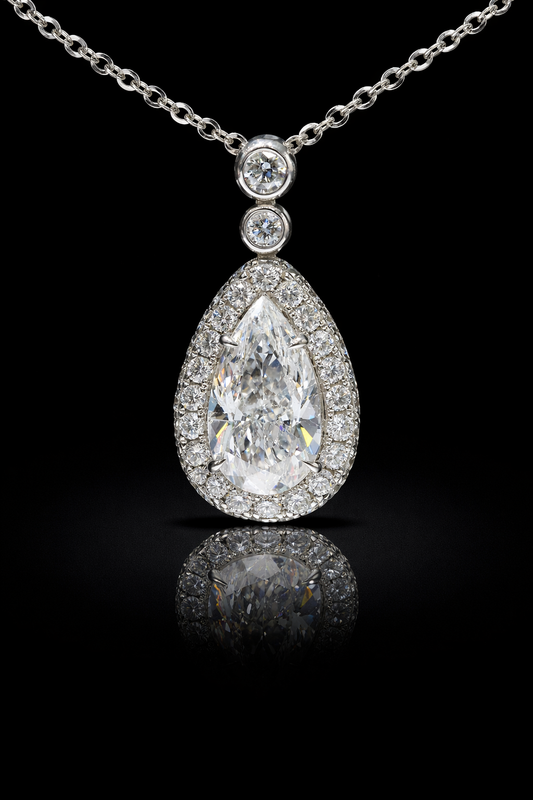 Natural Pear-Cut Diamond Halo Drop Necklace in White Gold | Bezel & Pavé Design