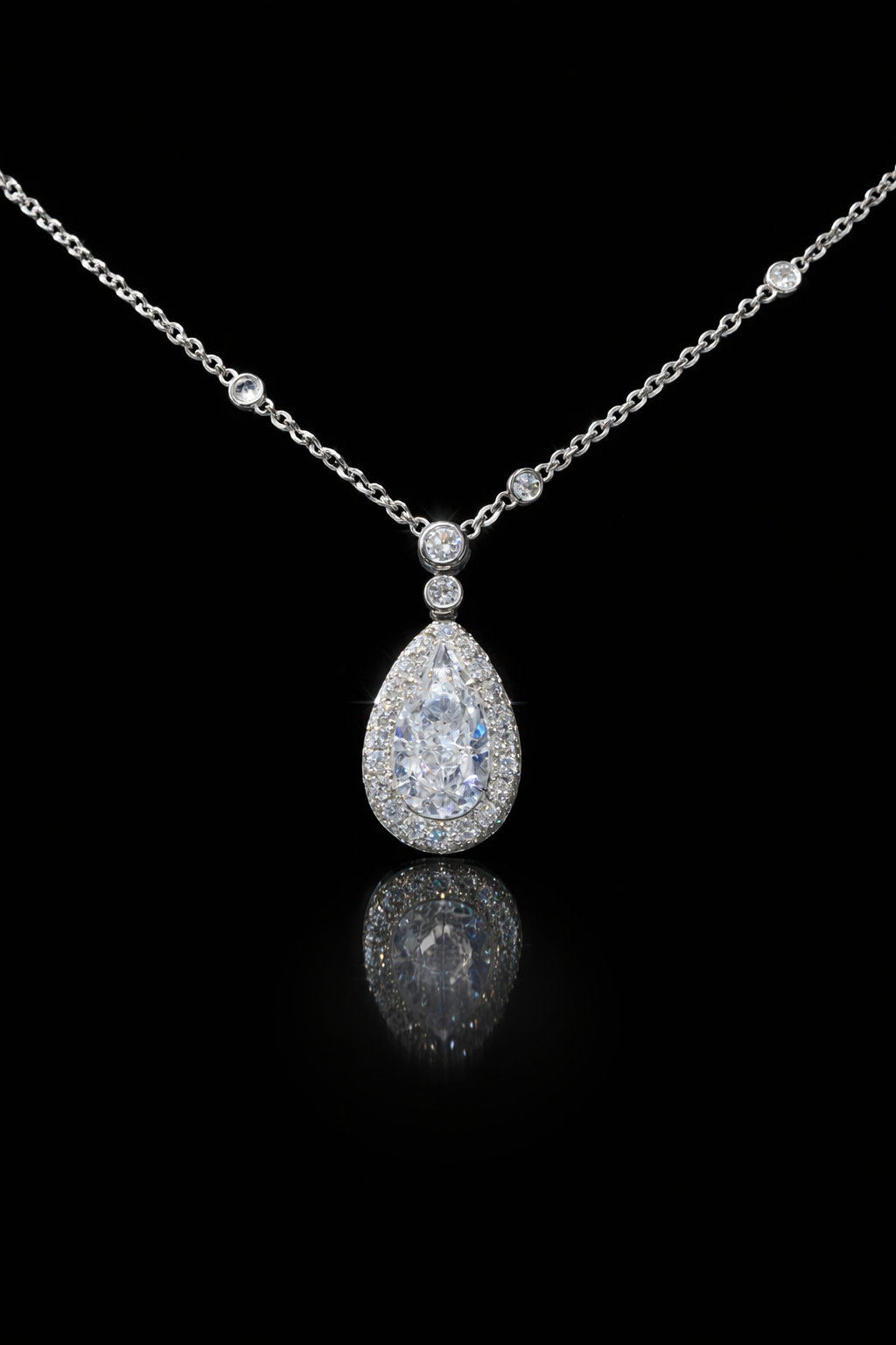 Natural Pear-Cut Diamond Halo Drop Necklace in White Gold | Bezel & Pavé Design