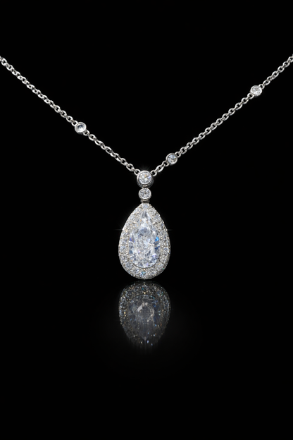Natural Pear-Cut Diamond Halo Drop Necklace in White Gold | Bezel & Pavé Design